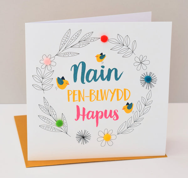 Welsh Granny Birthday Card, Penblwydd Hapus Nain, Birds, Pompom Embellished