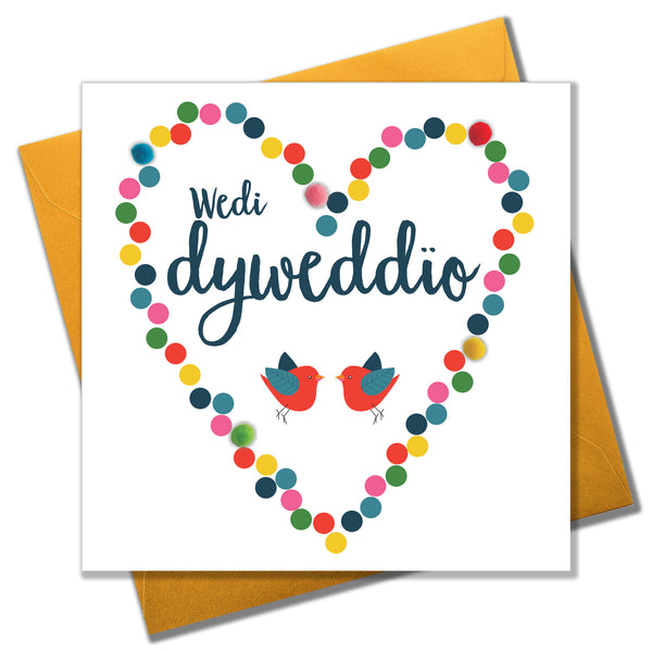 Welsh Wedding Card, Dotty Heart, Engagement, Embellished with colourful pompoms