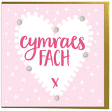 Welsh Baby Card, Pink Heart, Baby Girl, Embellished with colourful pompoms