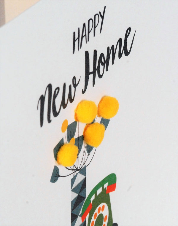 New Home Card, Flowers & Phone, New Home, Embellished with colourful pompoms