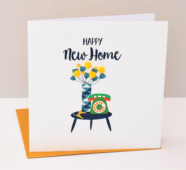 New Home Card, Flowers & Phone, New Home, Embellished with colourful pompoms