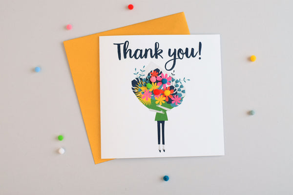 Thank You Card, Flowers Bouquet, Thank You, Embellished with colourful pompoms