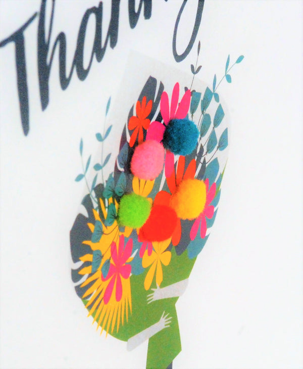 Thank You Card, Flowers Bouquet, Thank You, Embellished with colourful pompoms