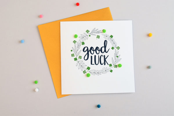 Good Luck Card, 4 leaf clover, Embellished with pompoms