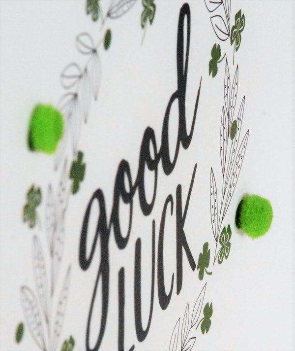 Good Luck Card, 4 leaf clover, Embellished with pompoms