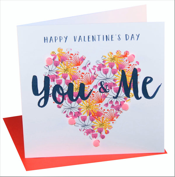 Valentine's Day Card, Pattern Heart, You & Me, Embellished with pompoms