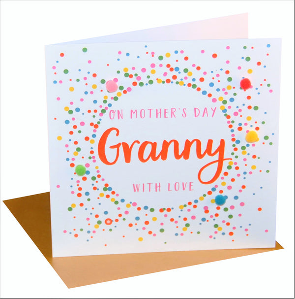 Mother's Day Card, Dotty, Granny with love, Embellished with colourful pompoms