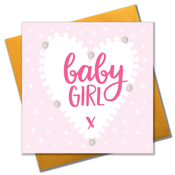 Baby Card, Pink Heart, Baby Girl, Embellished with colourful pompoms