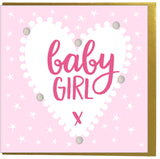 Baby Card, Pink Heart, Baby Girl, Embellished with colourful pompoms