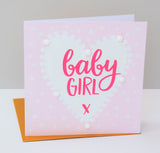 Baby Card, Pink Heart, Baby Girl, Embellished with colourful pompoms