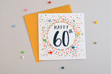 Birthday Card, Dotty 60, 60th , Embellished with colourful pompoms