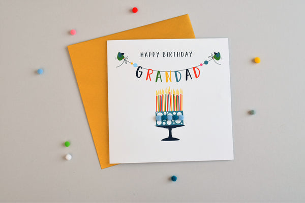 Birthday Card, Cake, Happy Birthday, Grandad, Embellished with colourful pompoms