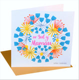 Welsh Mother's Day Card, Sul y Mamau Hapus, Flowers Wreath, Pompom Embellished