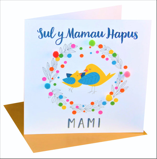 Welsh Mother's Day Card, Sul y Mamau Hapus, Mami, Mummy Bird, Pompom Embellished