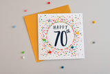 Birthday Card, Dotty 70, 70th , Embellished with colourful pompoms