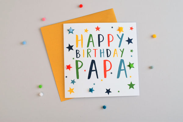 Birthday Card, Stars, Happy Birthday, Papa, Embellished with colourful pompoms