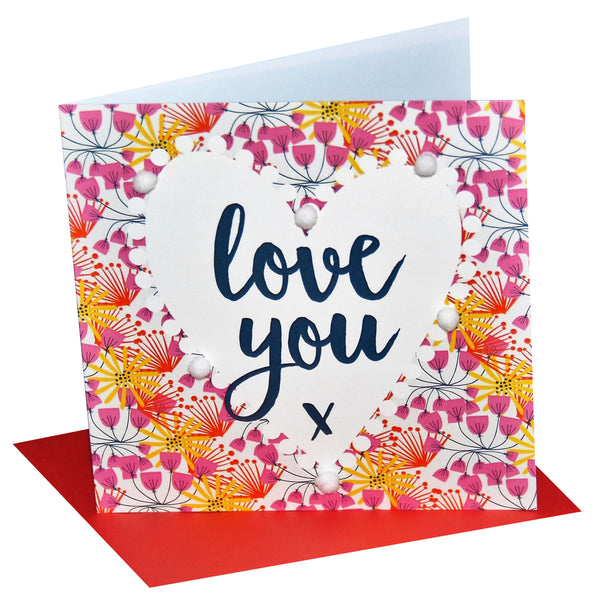Valentine's Day Card, Heart, Love You, Embellished with colourful pompoms