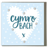 Welsh Baby Card, Blue Heart, Baby Boy, Embellished with colourful pompoms