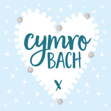 Welsh Baby Card, Blue Heart, Baby Boy, Embellished with colourful pompoms