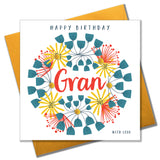 Birthday Card, Floral Pattern, Gran with Love, Embellished with pompoms