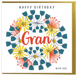 Birthday Card, Floral Pattern, Gran with Love, Embellished with pompoms