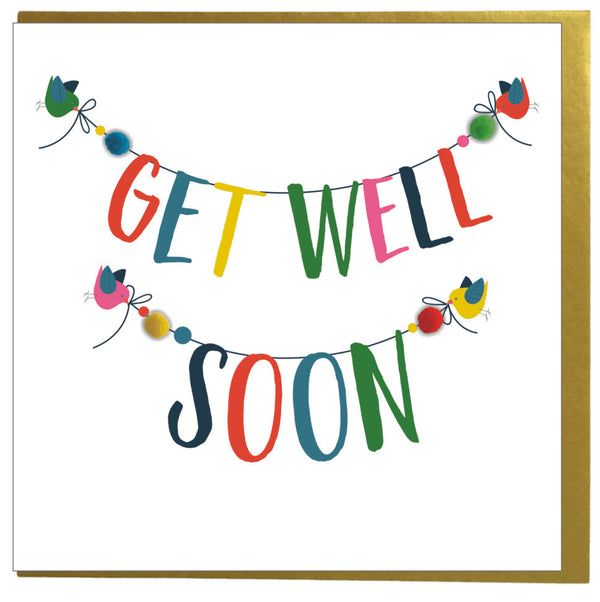Get Well Card, Banner, Get Well Soon, Embellished with colourful pompoms