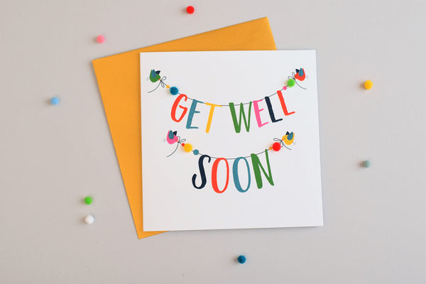 Get Well Card, Banner, Get Well Soon, Embellished with colourful pompoms