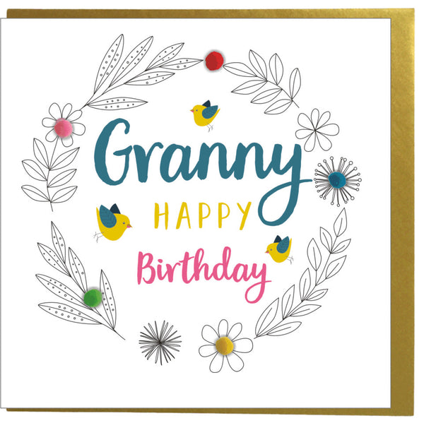 Birthday Card, Birds and Flowers, Granny, Embellished with pompoms