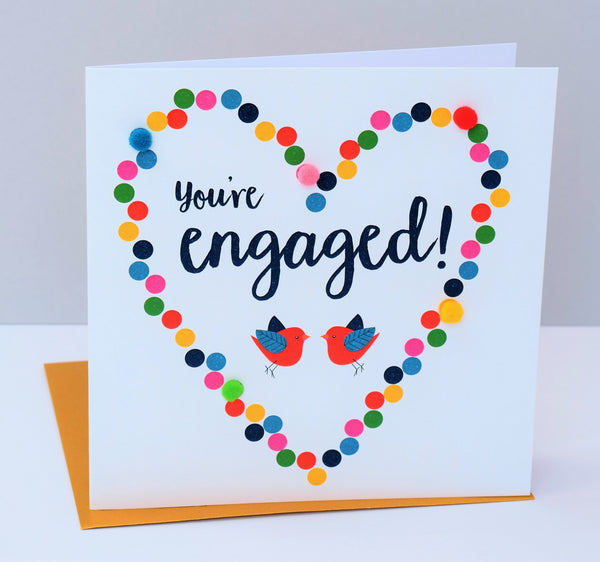Wedding Card, Dotty Heart, Engagement, Embellished with colourful pompoms