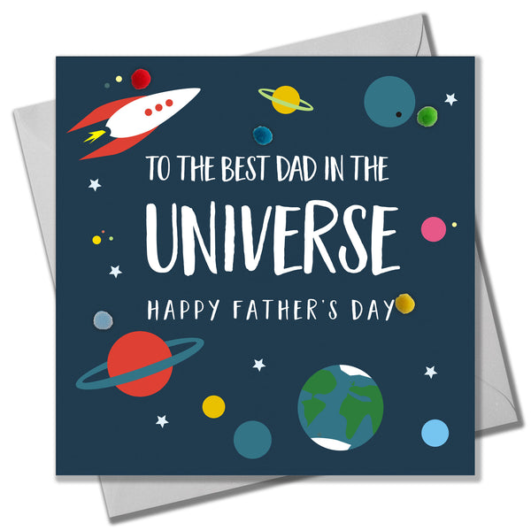 Father's Day Card, Best Dad in the Universe, Embellished with colourful pompoms