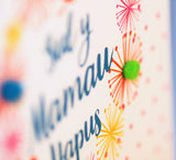 Welsh Mother's Day Card, Sul y Mamau Hapus, Dots & Flowers, Pompom Embellished
