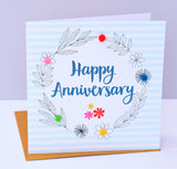 Wedding Card, Flower Circle, Happy Anniversary, Embellished with pompoms
