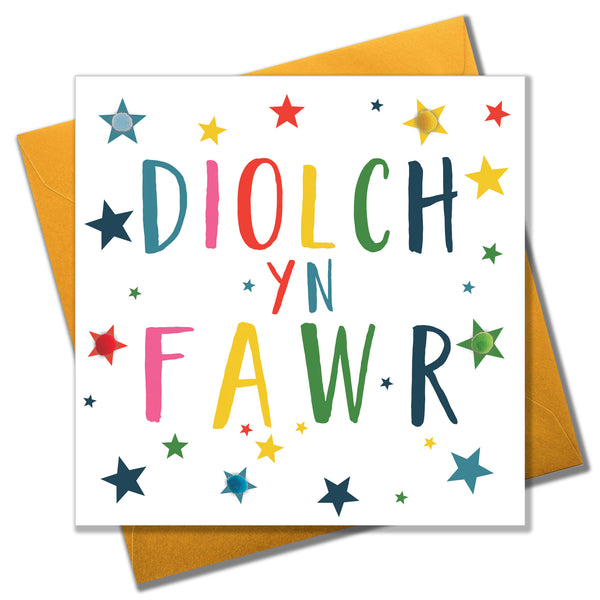 Welsh Thank you Card, Stars, Thank You, Embellished with colourful pompoms