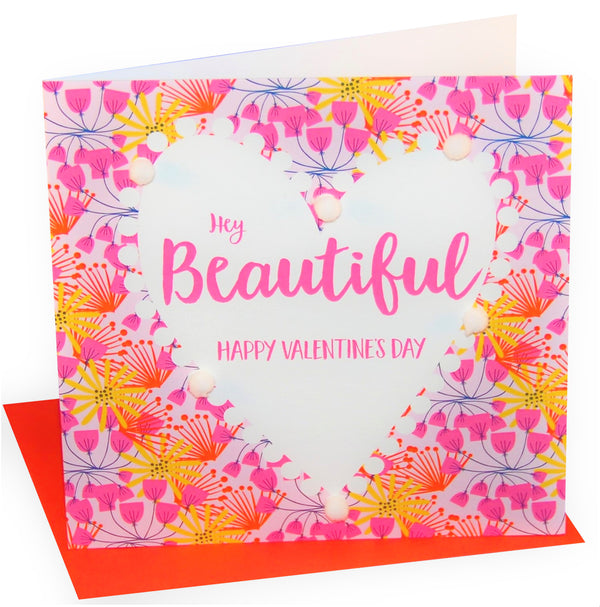 Valentine's Day Card, Heart Pattern, Embellished with colourful pompoms