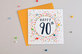Birthday Card, Dotty 90, 90th , Embellished with colourful pompoms