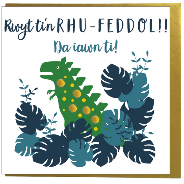 Welsh Congratulations Card, Dinosaur, Well done, Pompom Embellished