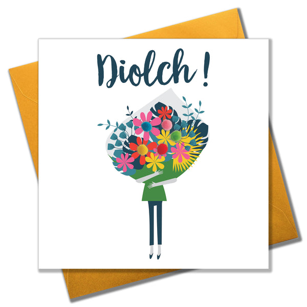 Welsh Thank you Card, Flowers Bouquet, Thank You, Pompom Embellished