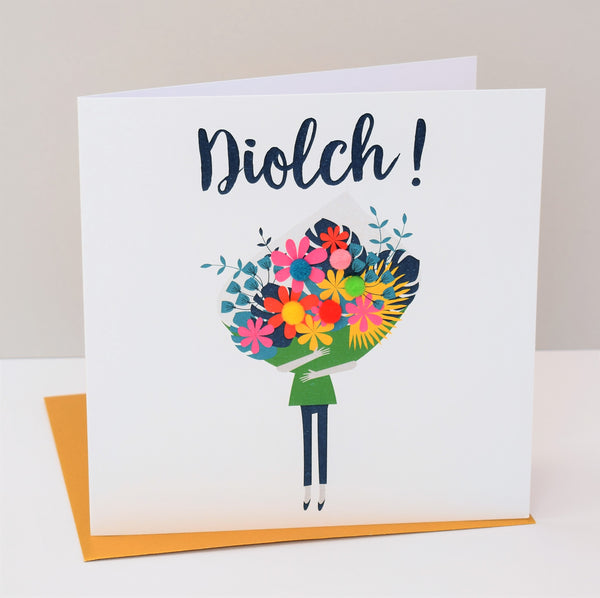 Welsh Thank you Card, Flowers Bouquet, Thank You, Pompom Embellished