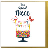 Birthday Card, Cake, To a Special Niece, Embellished with pompoms