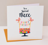 Birthday Card, Cake, To a Special Niece, Embellished with pompoms