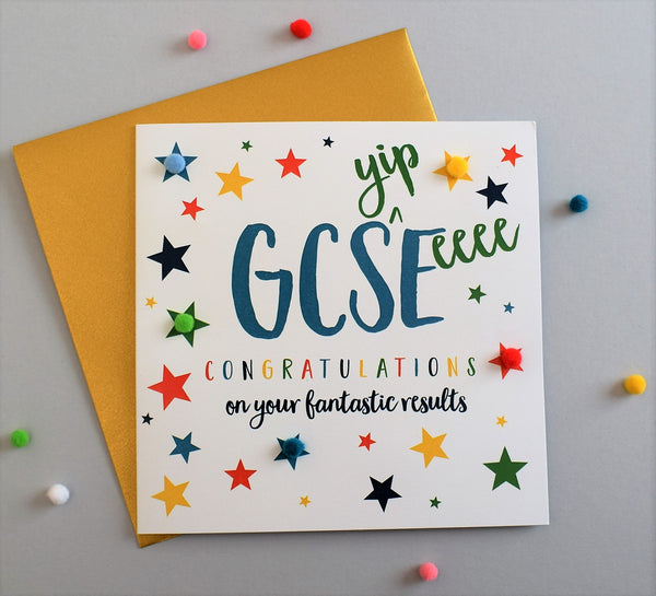 Congratulations Card, Star, GCS(yip)E(eeee) results, Embellished with pompoms