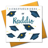 Welsh Graduation Congratulations Card, Mortar Hats, Pompom Embellished