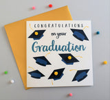 Congratulations on Graduation Card, Mortar Hats, Embellished with pompoms