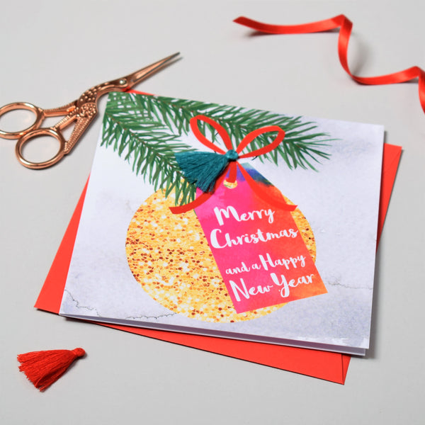 Christmas Card, Bauble and Pine, Tassel Embellished