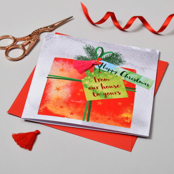 Christmas Card, Present, From our house to yours, Tassel Embellished