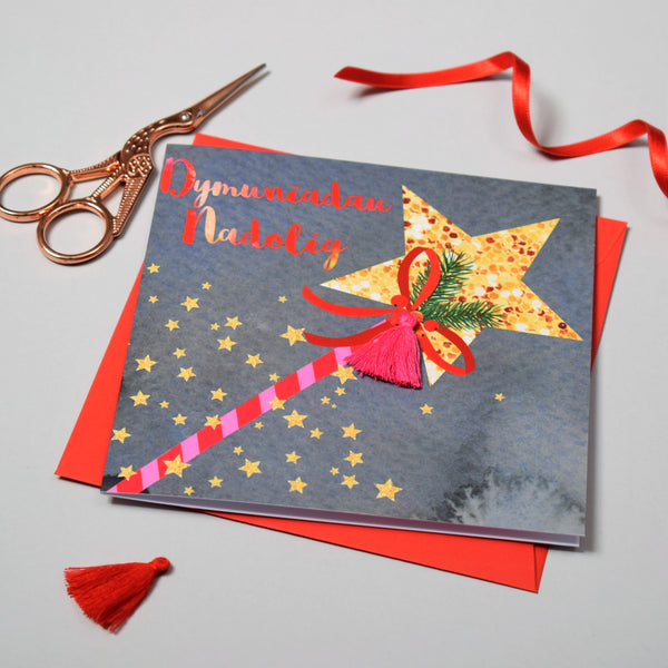 Welsh Christmas Card, Nadolig Llawen, Wand, Christmas Wishes, Tassel Embellished
