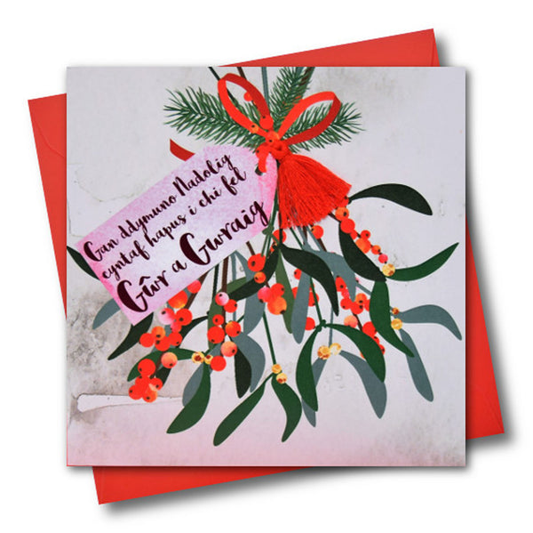 Welsh Husband & Wife Christmas Card, Gwr a Gwraig, Tassel Embellished