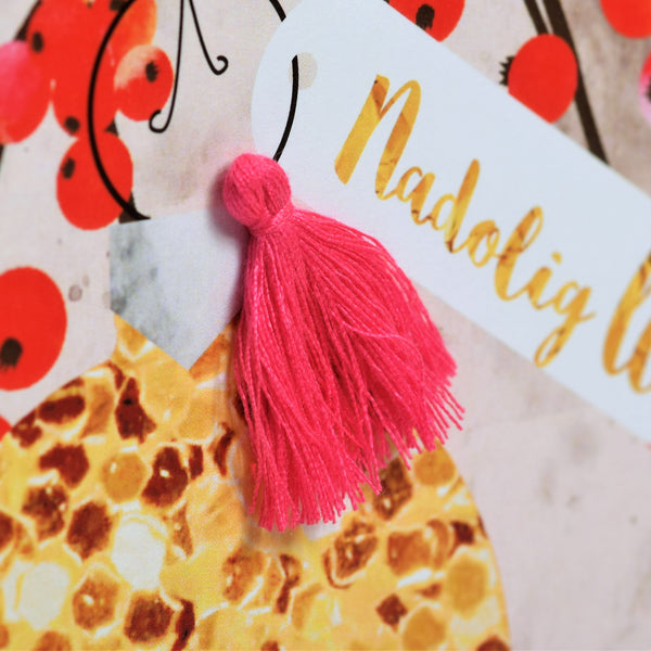 Welsh Wife Christmas Card, Nadolig Llawen Gwraig, Berries, Tassel Embellished