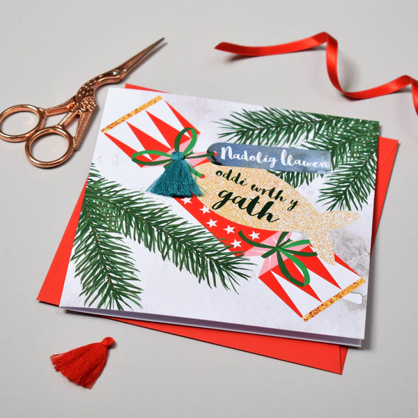 Welsh Christmas Card, Nadolig Llawen, Gath, From the Cat, Tassel Embellished
