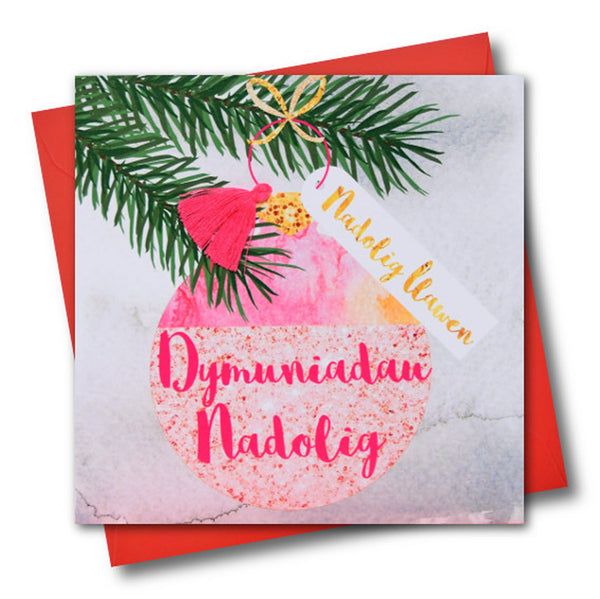 Welsh Christmas Card, Nadolig Llawen, Bauble, Winter Wishes, Tassel Embellished